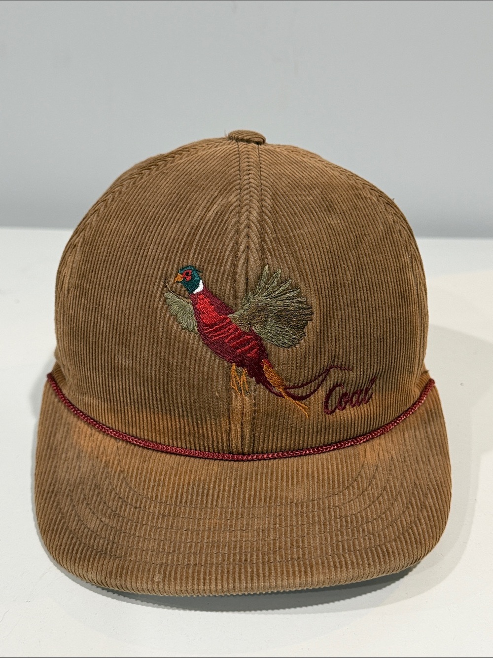 Corduroy Brown Cap with Embroidered Pheasant Detail